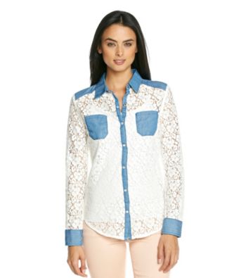 NY Collection Chambray Trim Lace Woven Shirt