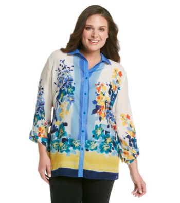 Rafaella® Plus Size Printed Roll Sleeve Woven Shirt