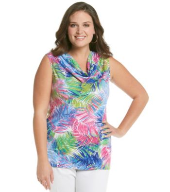 Rafaella® Plus Size Tropical Palm Print Drapey Slub Tank