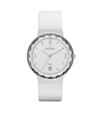Skagen Denmark Women's White Leather with Faceted Glass Bezel Watch