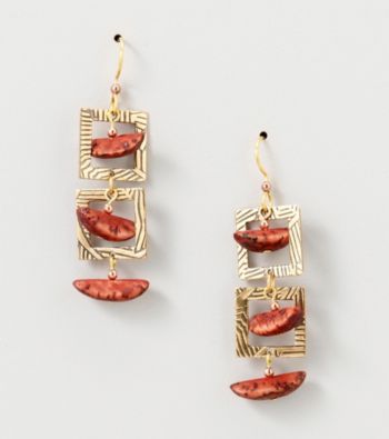 Silver Forest® Earrings with Three Wood Nuggets and Two Goldtone Squares