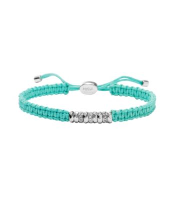Fossil® Teal Macrame Bracelet with Silvertone Rondells and Clear Crystals