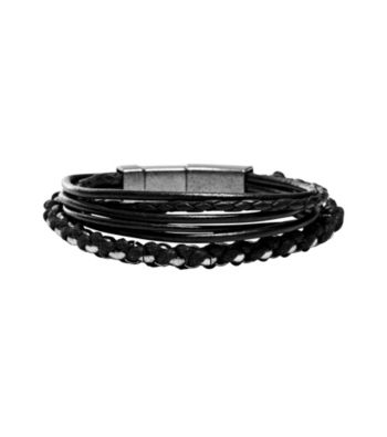 Fossil® Men's Black and Silvertone Multi Bracelet with Braided Leather