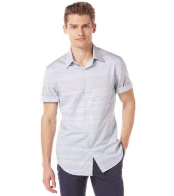 Perry Ellis® Men's Coastal Blue Short Sleeve Horizontal Engineer Stripe Woven