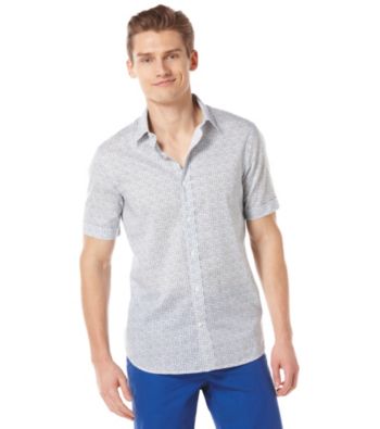 Perry Ellis® Men's Bright White Short Sleeve Slim Patchwork Print Woven