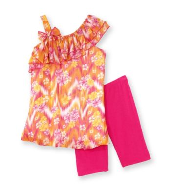 Tempted Girls' 4-6X Pink/Orange Cold Shoulder Hibiscus Ruffled Set