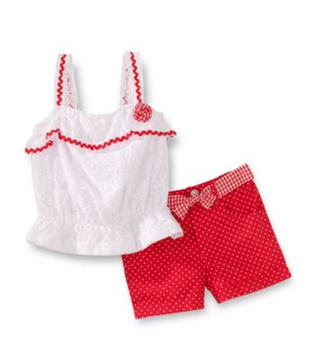 Nannette® Girls' 2T-6X White/Coral Lace Top with Dot Shorts
