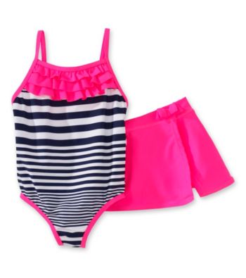 Carter's® Girls' 2T-4T Neon Pink/Navy Striped Skirted Swimsuit