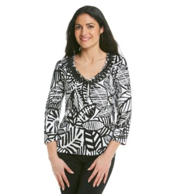 Ruby Rd.® Embellished V-Neck Leaf Print Shirt