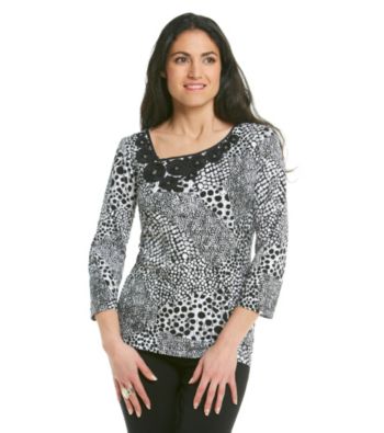 Ruby Rd.® Applique Embellished Asymmetric Neckline Printed Shirt