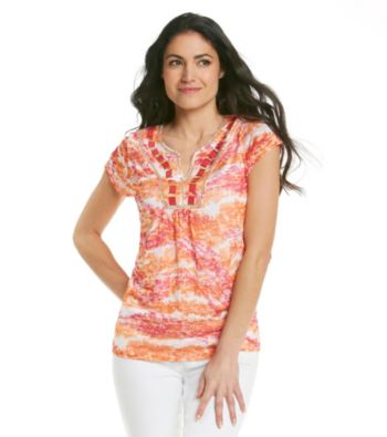 Ruby Rd.® Embellished Split V-Neck Printed Burnout Tee