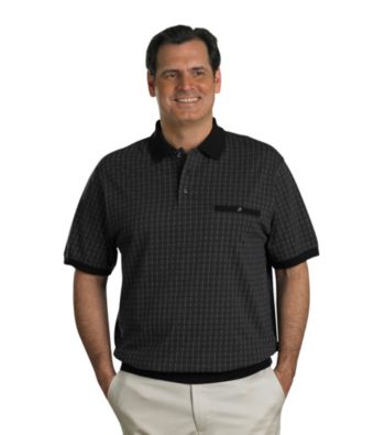 Harbor Bay® Men's Big & Tall Black/Grey Short Sleeve Check Grid Banded Bottom Polo