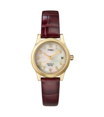 Timex® Women's Gold-Tone Case, Mother-Of-Pearl Dial, Burgundy Leather Strap