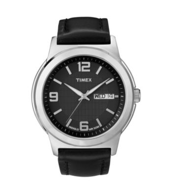 Timex® Men's Black Dial with Date Window, Black Leather Strap
