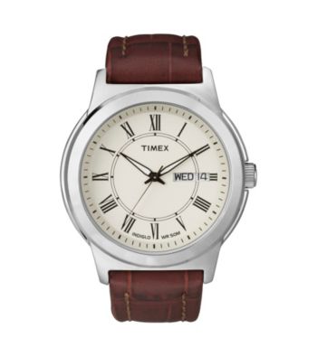 Timex® Men's Cream Dial with Day/Date Window, Brown Leather Strap
