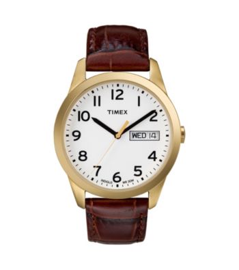 Timex® Men's White Dial with Day/Date Window, Brown Leather Strap