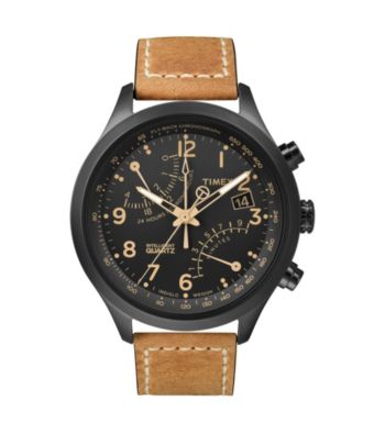 Timex® Men's Intelligent Quartz Fly-Back Chronograph with Black IP Case, Black Dial and Tan Oiled Leather Strap