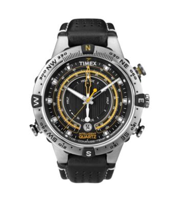 Timex® Men's Intelligent Quartz Tide-Temp-Compass with Black Dial and Black Leather Strap