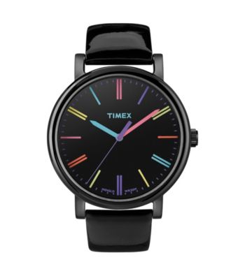 Timex® Women's Originals with Black IP Case, Rainbow Markers and Black Patent Leather Strap