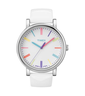 Timex® Women's Originals with White Dial, Rainbow Markers and White Patent Leather Strap