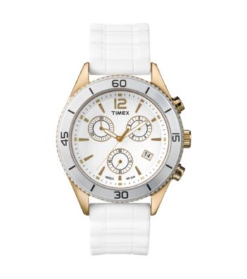 Timex® Women's Originals Chronograph with Goldtone Case, White Dial and White Silicone Strap