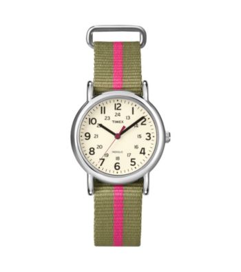 Timex® Women's Weekender Mid-Size Olive/Pink Slip-Through Strap