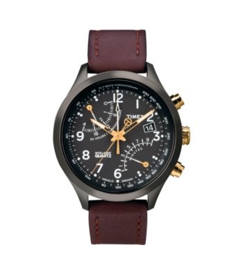 Timex® Men's Intelligent Quartz Fly-Back Chronograph with Grey Case, Black Dial and Brown Leather Strap