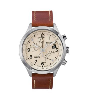 Timex® Women's Intelligent Quartz Fly-Back Chronograph with Stainless Steel Case, Cream Dial and Caramel Brown Leather Strap