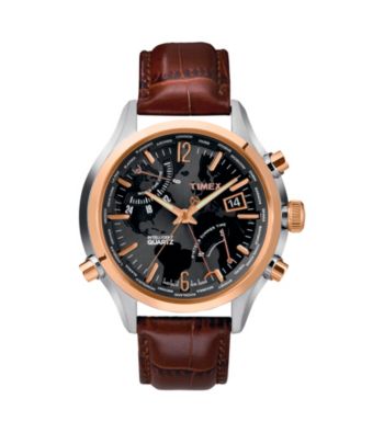 Timex® Men's Intelligent Quartz World Time with Black Dial and Brown Croco-Pattern Leather Strap