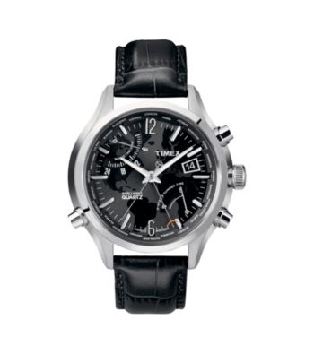 Timex® Men's Intelligent Quartz World Time with Black Dial and Black Croco-Pattern Leather Strap