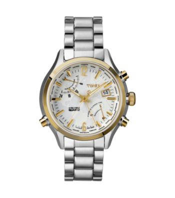 Timex® Men's Intelligent Quartz World Time with Stainless Steel Case, White Dial, Stainless Steel Bracelet