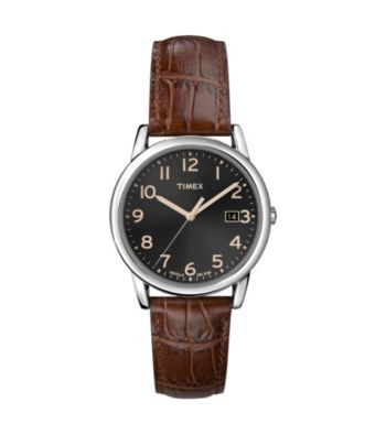 Timex® Men's Black Dial with Date Window, Dark Brown Leather Strap