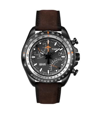 Timex® Men's Intelligent Quartz Aviator Fly-Back Chronograph Black-Finish Case, Black Dial, Brown Leather Strap
