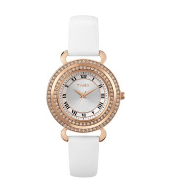 Timex® Women's Originals Rose-Gold Case, White Dial with Genuine Swarovski Crystal Bezel, White Leather Strap