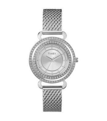 Timex® Women's Originals Silver Case,Silver Dial with Genuine Swarovski Crystal Bezel,Stainless Steel Mesh Band