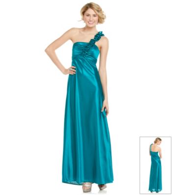 Morgan & Co. Juniors' One-Shoulder Ruffle Satin Gown