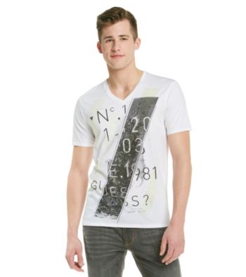 Guess Men's Optic White Sliced V-Neck Graphic Tee