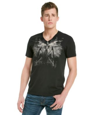 Guess Men's Jet Black Graphic Skull V-Neck Tee