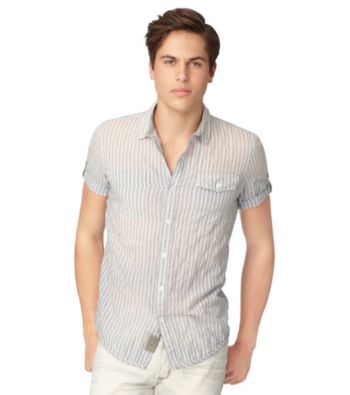 Calvin Klein Jeans® Men's Silver Pine Short Sleeve Thin Striped Button Down Shirt