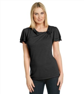Notations® Asymmetrical Flower Embellishment Solid Shirt