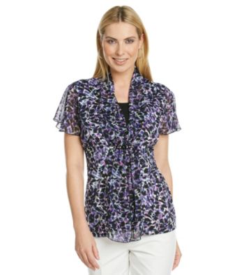 Notations® Shawl Collar All Over Print Layered Look Top