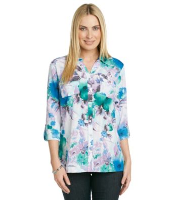 Notations® Y-Neckline Front Button Up Print Shirt