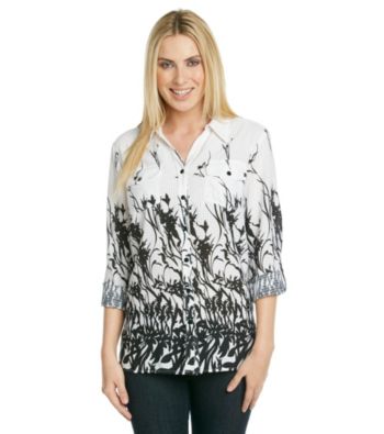 Notations® Y-Neckline Front Button Up Print Shirt