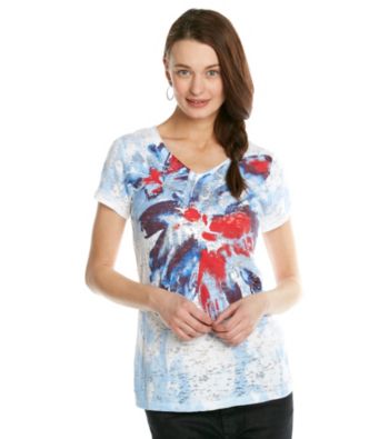 Relativity® Short Sleeve V-Neck Chalk Flower Tee