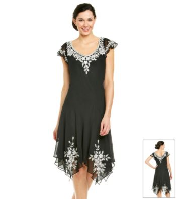 J Kara® Short Sleeve V-Neck Beaded Hanky Hem Dress