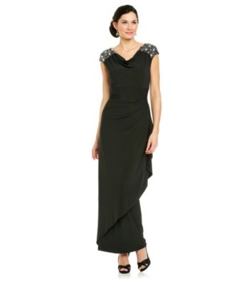 Alex Evenings® Cap Sleeve Drapeneck Beaded Shoulder Dress