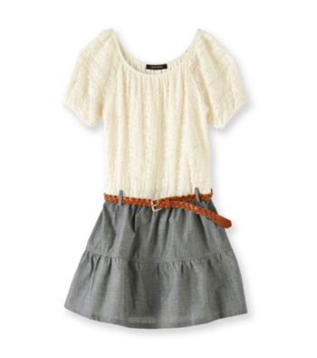 My Michelle Girls' 7-16 Ivory Lace/Chambray Dropwaist Dress