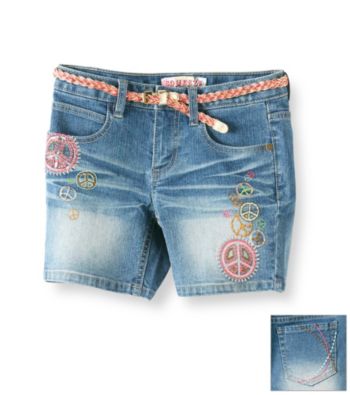 Squeeze® Girls' 7-16 Medium Wash Denim Peace Sign Midi Shorts
