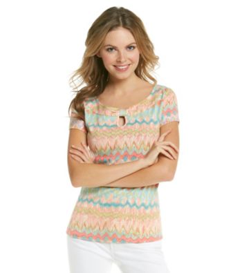 Rafaella® Short Sleeve Boatneck Watercolor Print Keyhole Tee