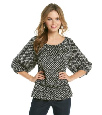 Vince Camuto® Scoopneck Teardrop Print Peplum Peasant Blouse